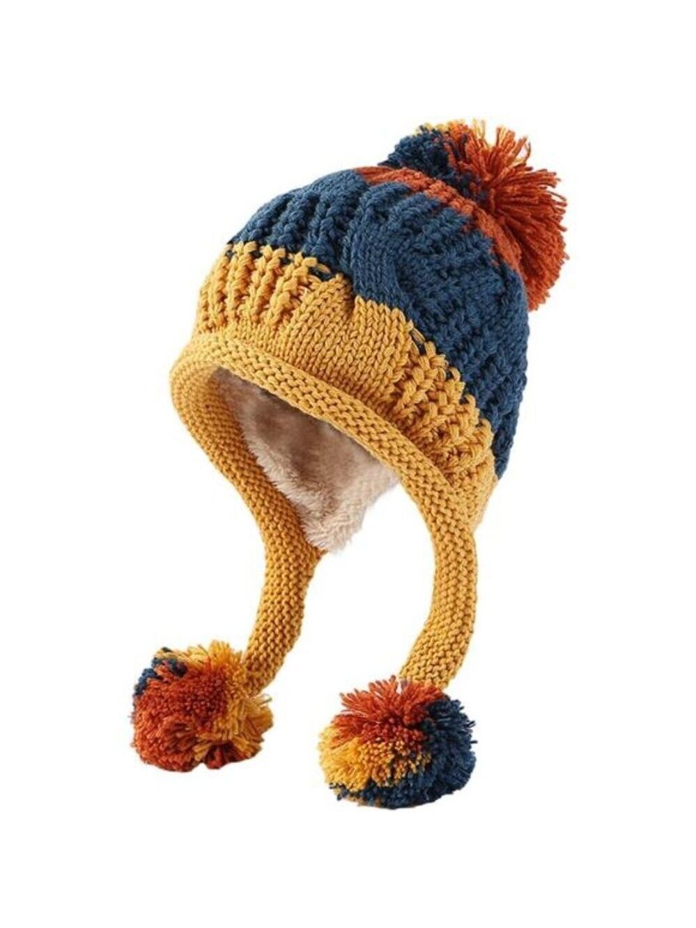Women Winter Beanie Hat Peruvian Ear Flap Fleece Knit Ski Snow Hat 3 Pom Pom